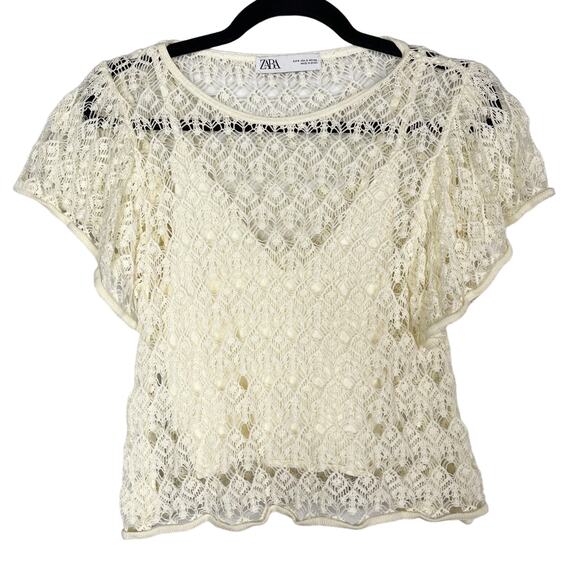Zara Womens Small S Cream Crochet Open Knit Flutter Short Sleeve Top Camisole - Picture 1 of 7